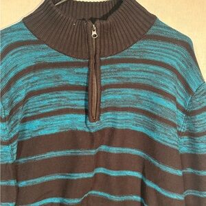 Carbon Men's XXL Blue and Black Striped QTR-Zip Sweater